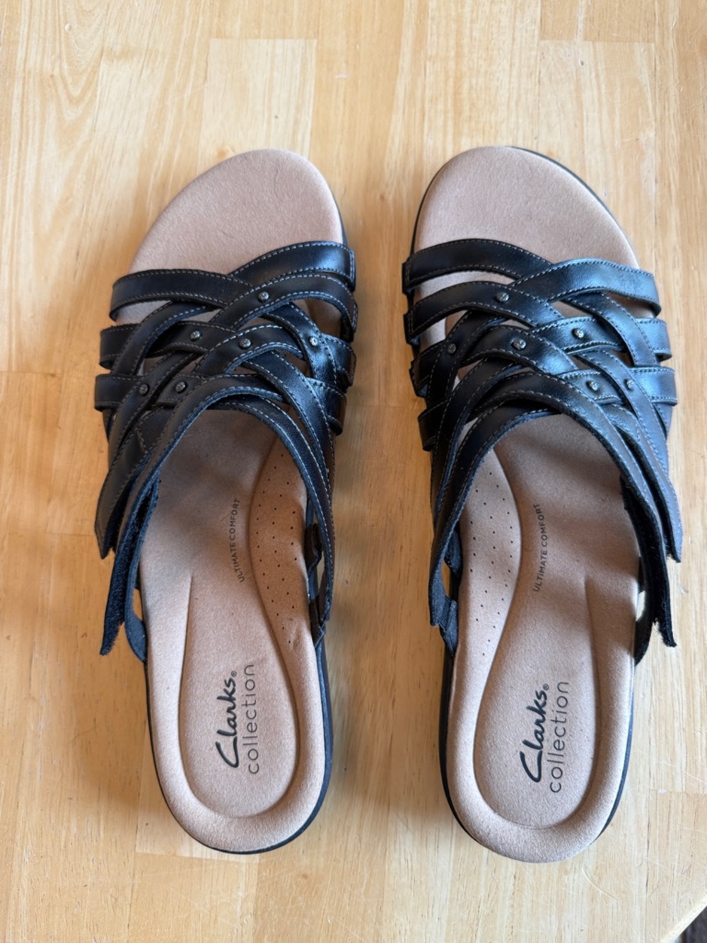 Clarks Elizabelle Rio Black Leather Strappy Slide Sandals with Stud Detail